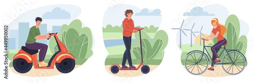 Flat cartoon characters on modern two-wheeled vehicles - young boys and girl ride on scooter and bicycle.Web online banner design set,modern city self transportation concept