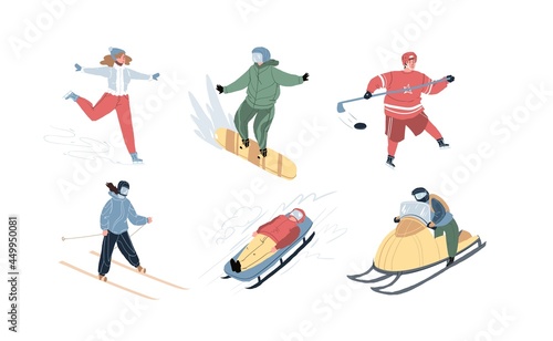 Vector flat cartoon characters of winter sport.