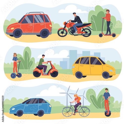 Flat cartoon characters on modern vehicles-happy young people ride on scooter,bicycle,segway,motorcycle,electric unicycle next to cars.Web online banner design set,modern city transportation concept
