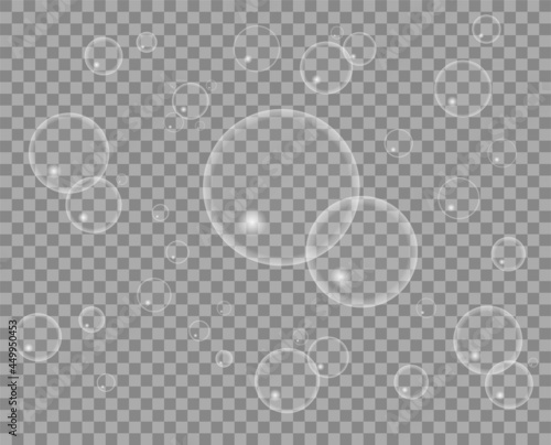 Cute illustration of air bubbles underwater on a transparent background. Soap bubbles unattached from background for further creative use. Flat cartoon vector illustration