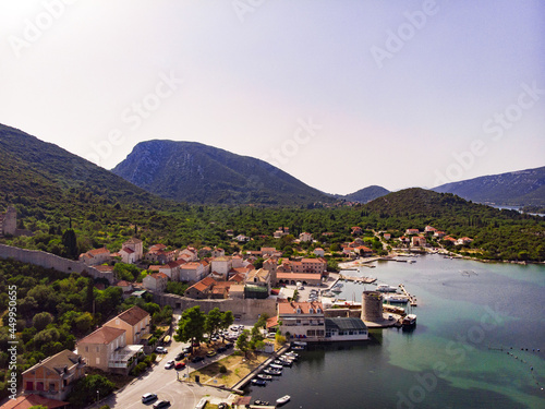 Mali Ston waterfront aerial view, Ston walls in Dalmatia region of Croatia