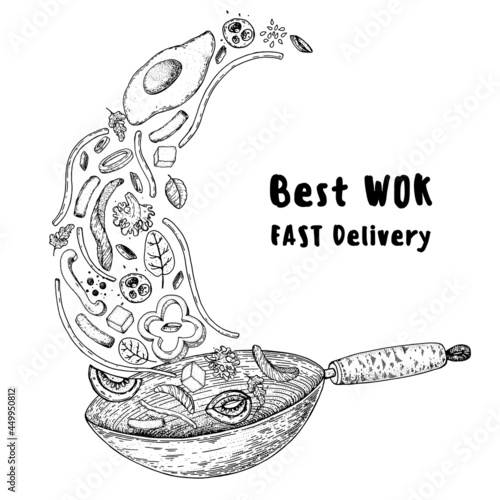Wok pan and ingredients for wok sketch. Hand drawn vector illustration. Asian food. Noodles, meat, pepper and other ingredients. Asian cuisine.