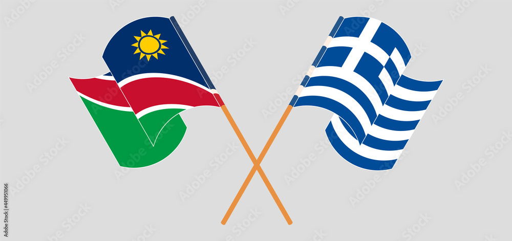 Crossed and waving flags of Namibia and Greece Crossed and waving flags of Namibia and Greece