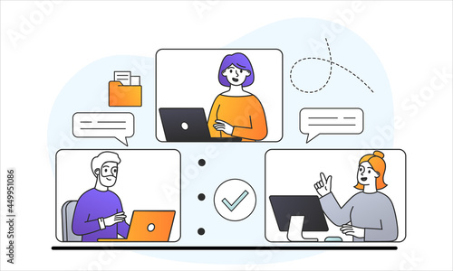 Male and female characters are working and meeting workers online together. Concept of team thinking and brainstorming, company information analytics, self-isolation. Flat cartoon vector illustration