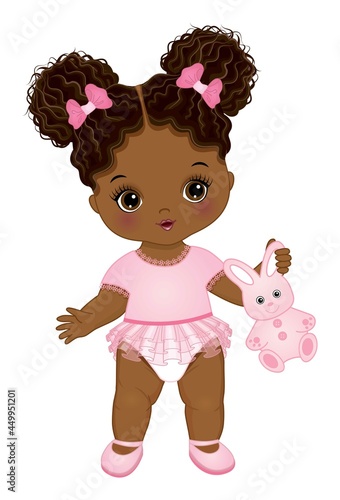 Little African American Baby Girl Holding Bunny Toy. Vector Cute Baby Girl