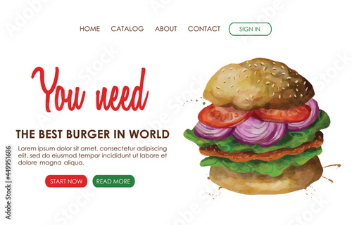 Web page design for Fast food, Street cafe, Restaurant menu, Junk food. Watercolor illustration of the burger with meat, cheese, tomato, lettuce. Perfect for poster, banner, flyer, menu, website.