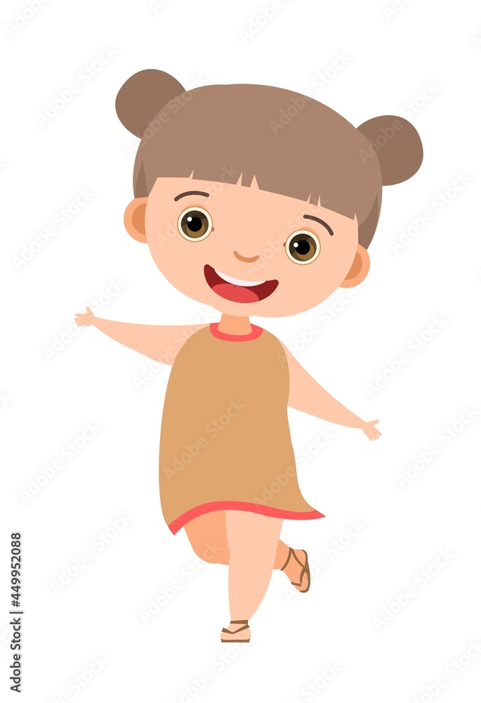 Child funny. Little girl. In fashinable clothes. Kid jumps for joy. Charming active cute character. Cute kid. Face wobble smile. Cartoon style. Isolated on white background. Vector Child funny. Little girl. In fashinable clothes. Kid jumps for joy. Charming active cute character. Cute kid. Face wobble smile. Cartoon style. Isolated on white background. Vector