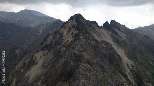 A 4K drone shot of the rocky, Rucca Pichincha Volcano in Quito, Ecuador

