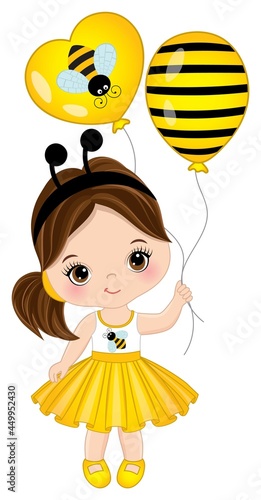 Vector Cute Little Girl Wearing Bee Antenna Headband and Holding Air Balloons