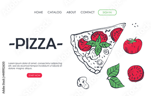 Web page design template for fast food. Pizza, cheese, tomato, olives, basil, salami, and mushrooms. Vector illustration for poster, banner, website development, flyer, menu.