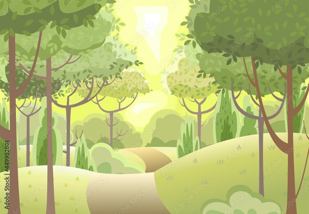 The road into the distance. Amusing beautiful forest landscape. Cartoon style. The path through the hills with grass. Trail. Cool romantic pretty. Flat design illustration. Vector art