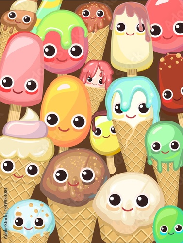 Various miscellaneous ice cream. Background illustration. In waffle glasses and cones. Popsicle on sticks. Summer food sweet dessert. Many different ones. Cartoon characters. Flat design. Vector