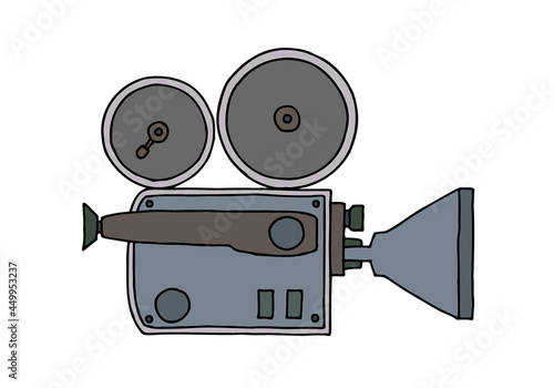 Vintage retro movie camera. Doodle. Hand Drawn. 