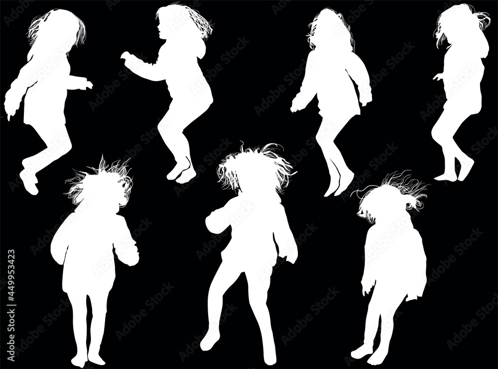 seven small girl silhouettes group on black