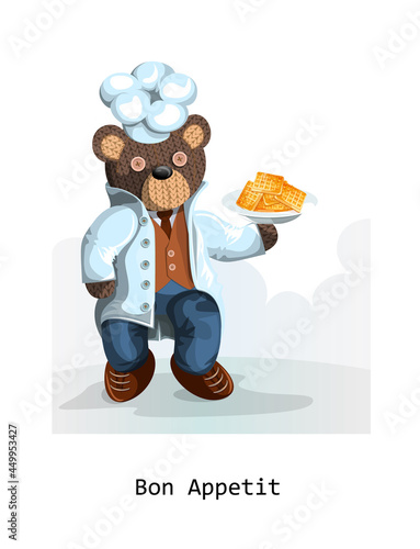 Vector image of a bear in the clothes of a chef with Belgian or Viennese waffles at the pickup. EPS 10