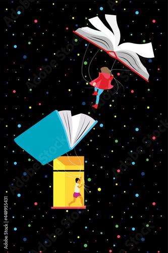 Education in the Future - children flying with books in a starry sky through a window photo