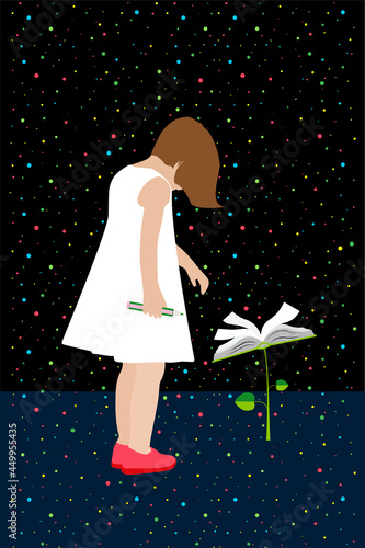 Education in the Future - children in a starry sky looking at a flower-shaped book 