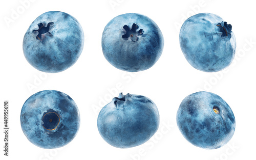 set of blueberry isolates. ripe farm organic blueberries in different positions and from different sides on a white background.