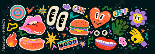 Abstract shapes, funny comic cute characters and doodles. Trendy modern illustration for poster, postcard or background