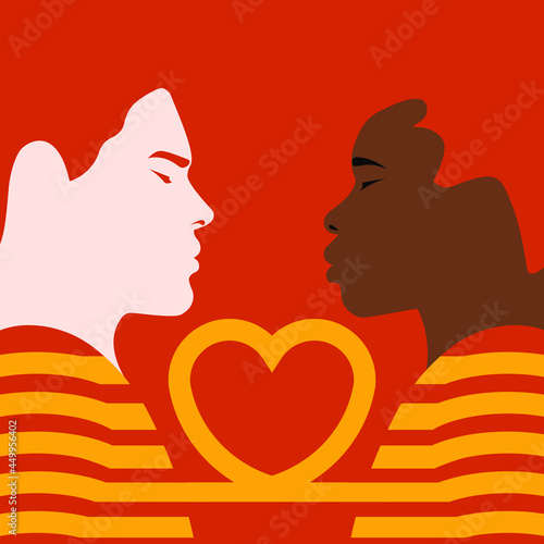 Diversity Couple - bust silhouette of two men - face to face - facing - heart graphics on red background