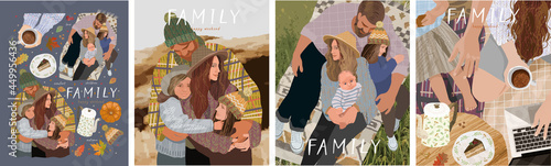 Happy family and autumn. Vector cozy illustrations of mother, father and children on a walk, at a picnic and at home. Drawings for a poster or a family day card