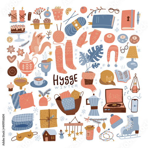 Winter hygge clipart set. Cozy winter flat hand drawn illustration for srickers, logo, cards, posters, wrapping, scrapbooking, patterns. Cute warm home elements collection. Vector illustration.