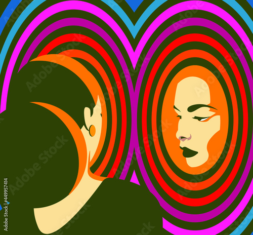 Global Health - Drug Abuse - drugged woman looking at herself in psychedelic mirror