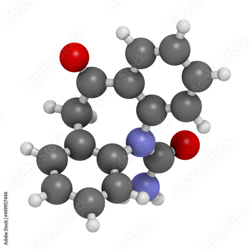 Oxcarbazepine epilepsy drug molecule. 3D rendering. Atoms are re photo