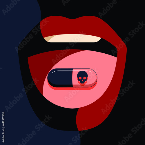 Global Health - Drug Abuse - pills like poison on a woman's tongue with her mouth open