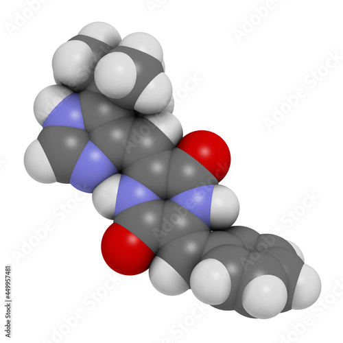 Plinabulin cancer drug molecule. 3D rendering. Atoms are represe photo