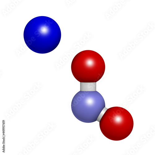 Sodium nitrite, chemical structure. Used as drug, food additive (E250), etc. 3D rendering photo