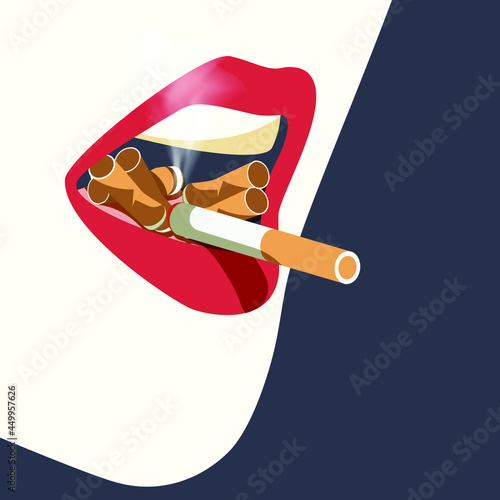 Global Health - Drug Abuse - womens mouth full of cigarette butts like ashtray