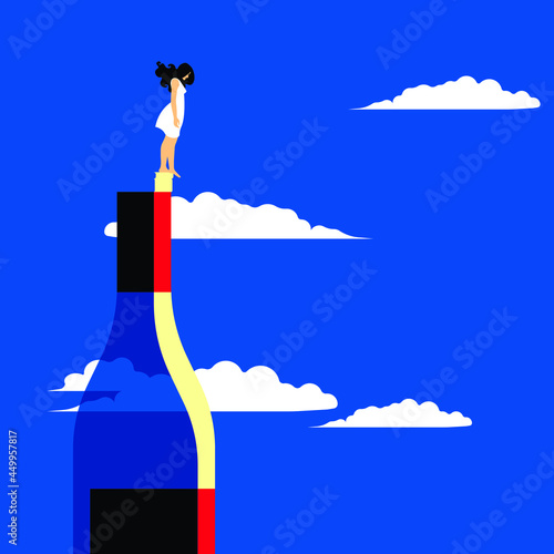 Global Health - Drug Abuse - woman on the edge of the bottle-shaped cliff