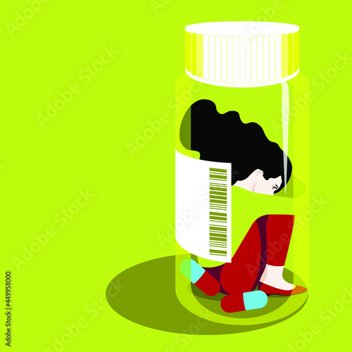 Global Health - Drug Abuse - woman trapped inside medicine bottle