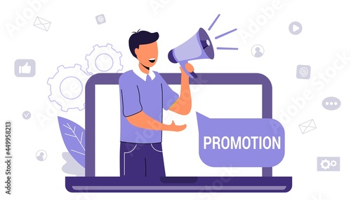 Professional speaker with megaphone People creative trainees or company members listening to the performance to skilled coach or senior colleague Vector illustration flat design style