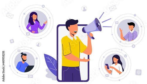 Influencer or social marketing banner Man employer in laptop shout in loud speaker and recruit new employees Social media account promotion, audience or followers growth SMM banner Landing page Flyer