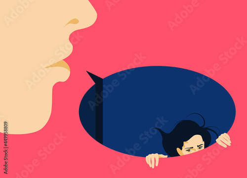Feminism - Violence Against Women - Women Rights - Domestic Violence -woman submerged in speech bubble - man offending woman with violent words