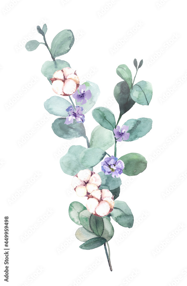 Watercolor hand painted floral arrangement with cotton and eucalyptus branches illustration isolated on white background