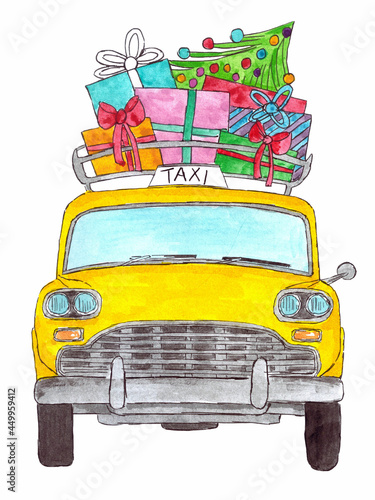 Canvas-taulu Classic Yellow cab with Christmas gifts