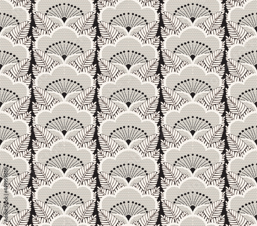 Japanese floral kimono pattern. Luxury seamless black and white background. 