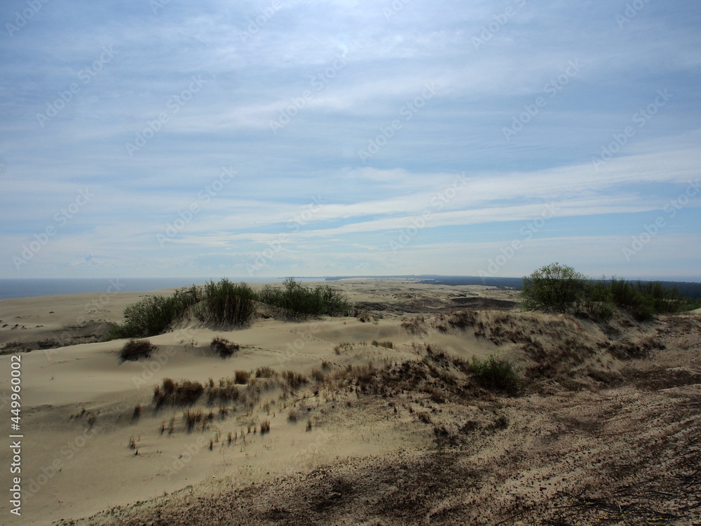 Dunes of the Baltic Sea, sand dunes with sparse vegetation on the background of the sea. Landscape photography, a variety of landscapes, travel.