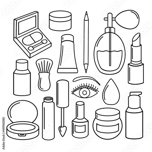 Makeup set. Cosmetics beauty elements. Hand drawn beauty illustration. Fashion art sketch. For postcards, flyers, banners, social networks.Vector illustration isolated on white.