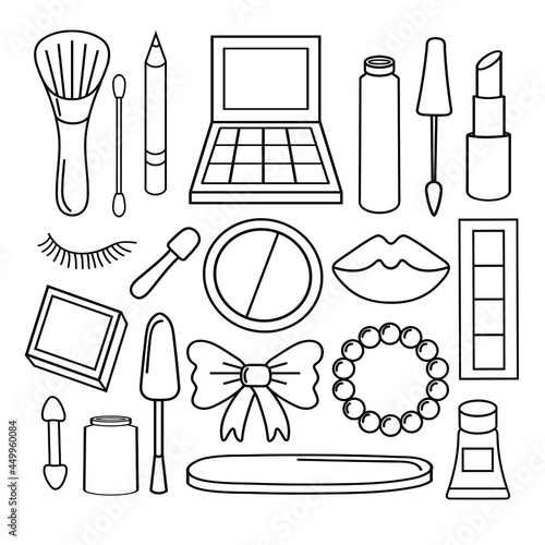 Makeup set. Cosmetics beauty elements. Hand drawn beauty illustration. Fashion art sketch. For postcards, flyers, banners, social networks.Vector illustration isolated on white.