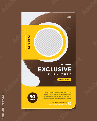 Exclusive furniture promotion design. Brown yellow design vector with a photo collage. Usable for social media, banner, and web internet ads. Template for furniture sale, interior design, home decor