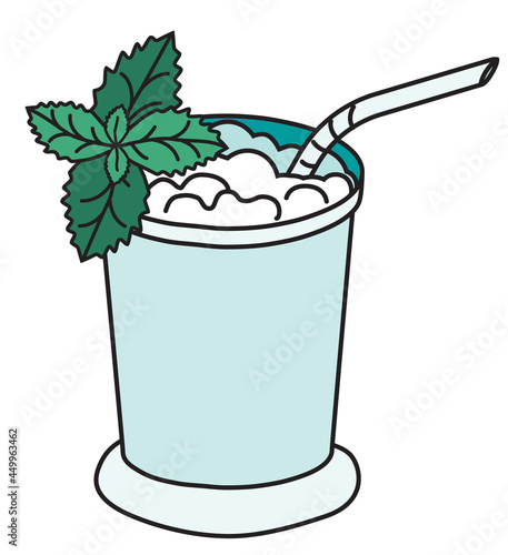 Stylish hand-drawn doodle cartoon style Mint Julep cocktail metal chrome silver mug with a straw vector illustration. For party card, invitations, posters, bar menu or alcohol cook book recipe.