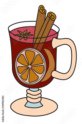 Stylish hand-drawn doodle cartoon style vector illustration. Hot warm winter spiced grog mulled wine cocktail in special glass garnished with cinnamon, star anise and orange zest
