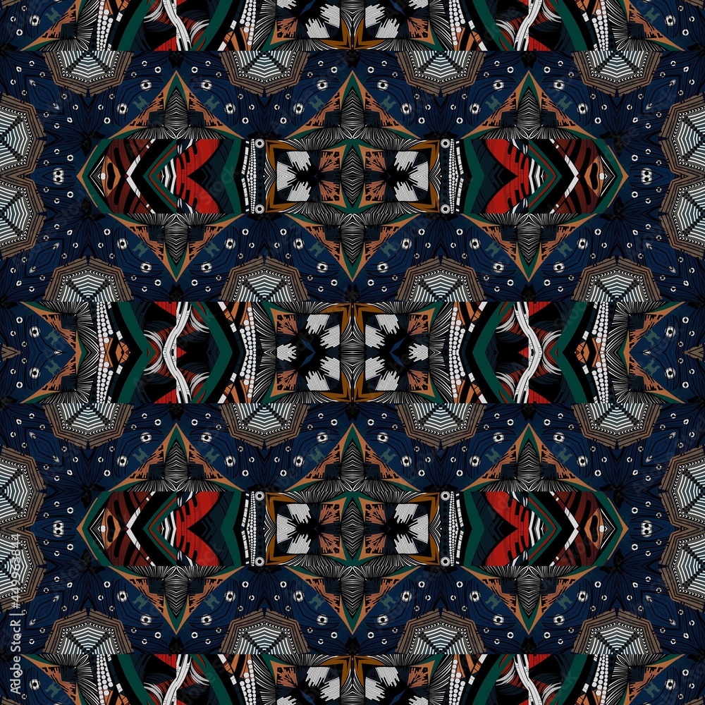 Seamless pattern for textile clothing, accessories, scarves, stoles, interior design and interior surfaces. Kaleidoscope, mosaic, geometric patterns with graphic elements. Symmetrical composition