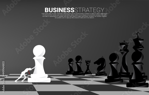 Silhouette of businessman push pawn chess piece to chessboard. concept of business strategy and marketing plan