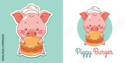 Cute pig chef mascot logo with  burger