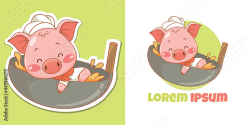 Cute pig chef mascot with  fried rice wok